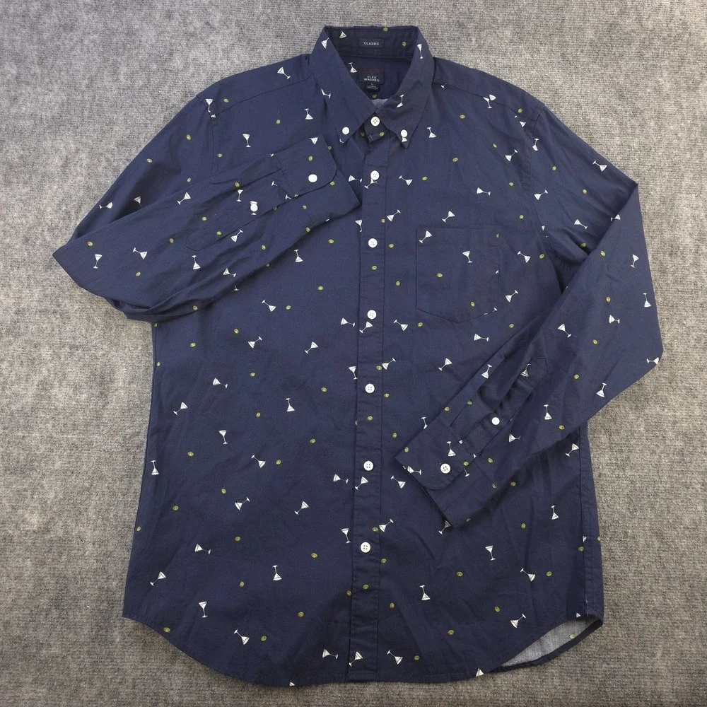 J Crew Shirt Large Martini Glass Geometric‎ Long Sleeve Button Down Flex Washed